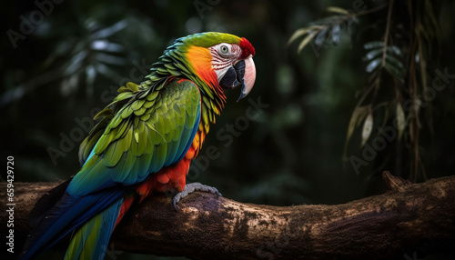 Vibrant macaw perched on branch in forest generated by AI