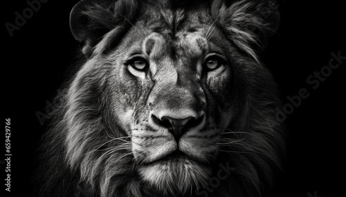Majestic lion staring at camera, showcasing strength and aggression generated by AI © Stockgiu