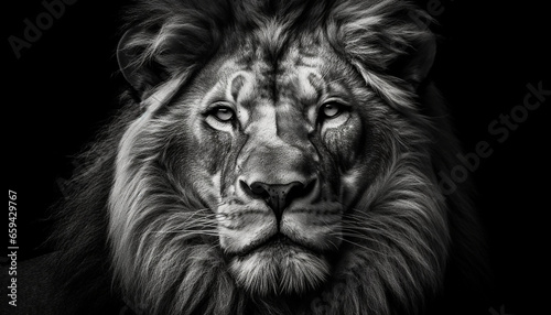 Majestic black and white lion staring with intense focus generated by AI