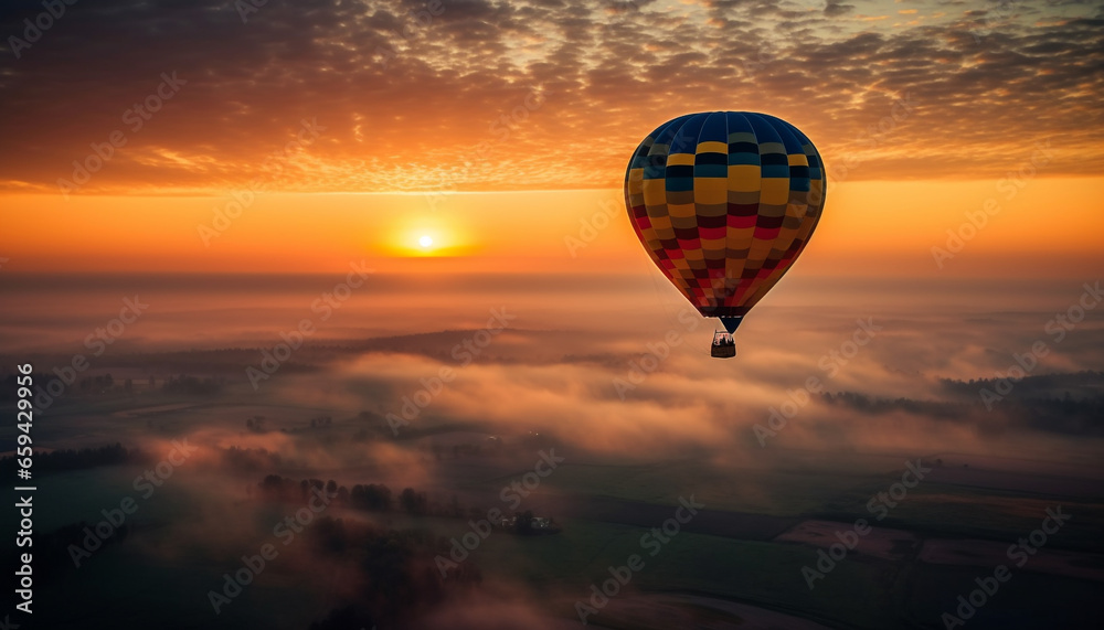 Multi colored hot air balloon levitates mid air, soaring above nature beauty generated by AI Multi colored hot air balloon levitates mid air, soaring above nature beauty generated by AI