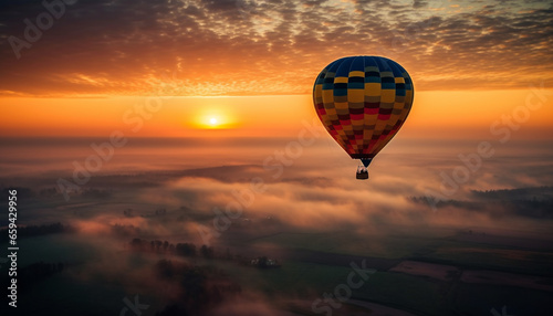 Multi colored hot air balloon levitates mid air, soaring above nature beauty generated by AI