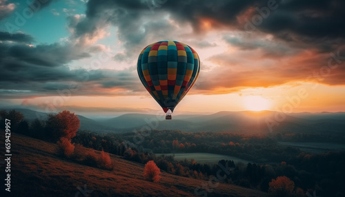 Multi colored hot air balloon flying over mountain landscape at sunset generated by AI © Stockgiu