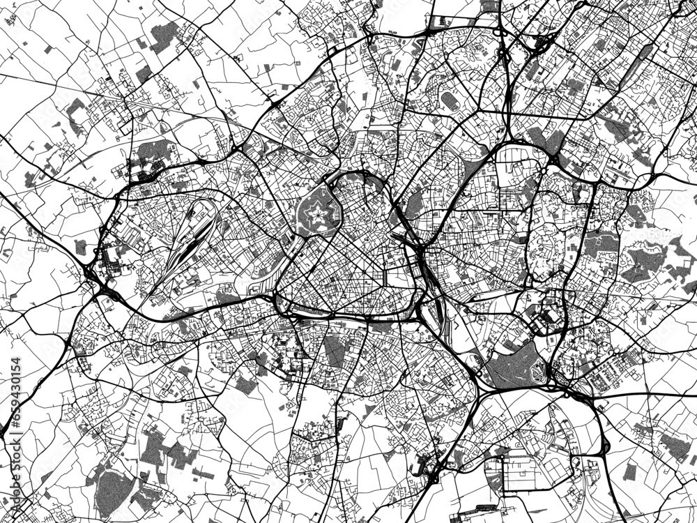 Greyscale vector city map of  Lille in France with with water, fields and parks, and roads on a white background.