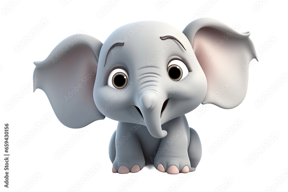 3D Cartoon Icon of a Cute Wide-Eyed Baby Elephant Isolated on transparent white background.