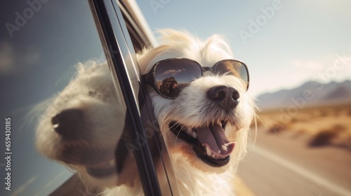 traveler dog with head out of car window, generative ai