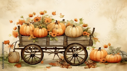  a painting of a wagon filled with pumpkins and squash. generative ai