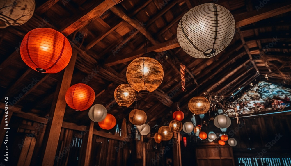 Vibrant paper lanterns illuminate dark indoor celebration with glowing fun generated by AI