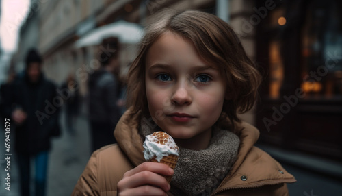 Cute Caucasian child smiling while eating ice cream in winter city generated by AI
