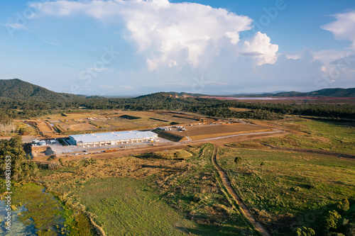 View of Aldoga hydrogen park near Gladstone, Queensland, with auxite red mud dam in background