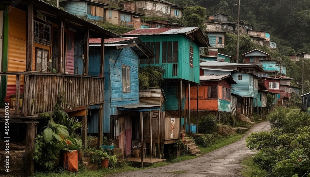 Stilt house in poverty stricken slum, surrounded by lush nature generated by AI Stilt house in poverty stricken slum, surrounded by lush nature generated by AI