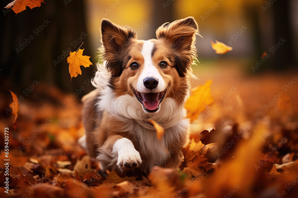 Cute dog running through autumn leaves in the park