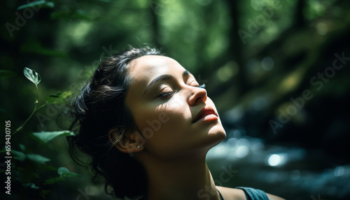 Serene young woman enjoys tranquil summer day in forest beauty generated by AI