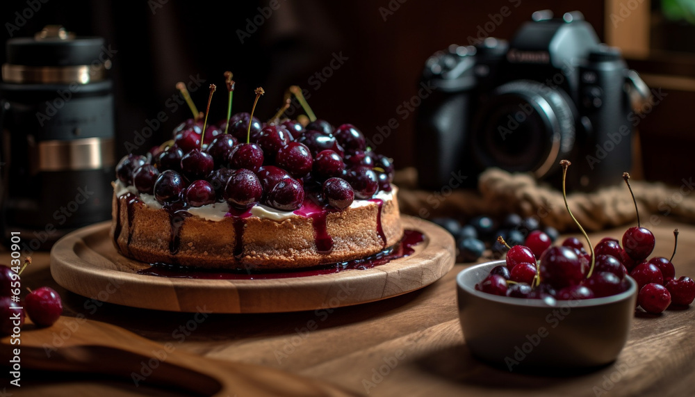 Fresh berry cheesecake on rustic wooden table, indulgent summer dessert generated by AI Fresh berry cheesecake on rustic wooden table, indulgent summer dessert generated by AI