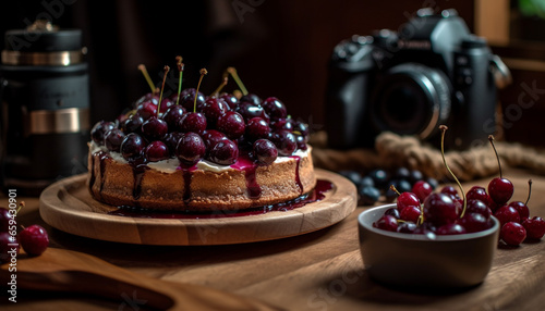 Fresh berry cheesecake on rustic wooden table, indulgent summer dessert generated by AI