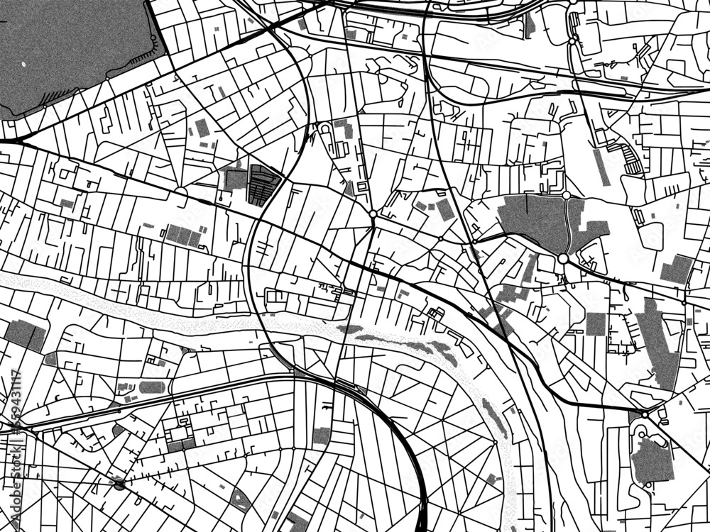 Greyscale vector city map of  Champigny-sur-Marne in France with with water, fields and parks, and roads on a white background.