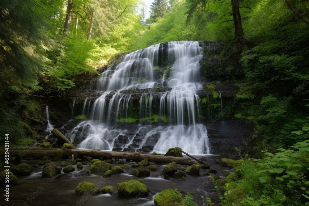 An image of a cascading waterfall surrounded by lush greenery and tall trees. Generative AI