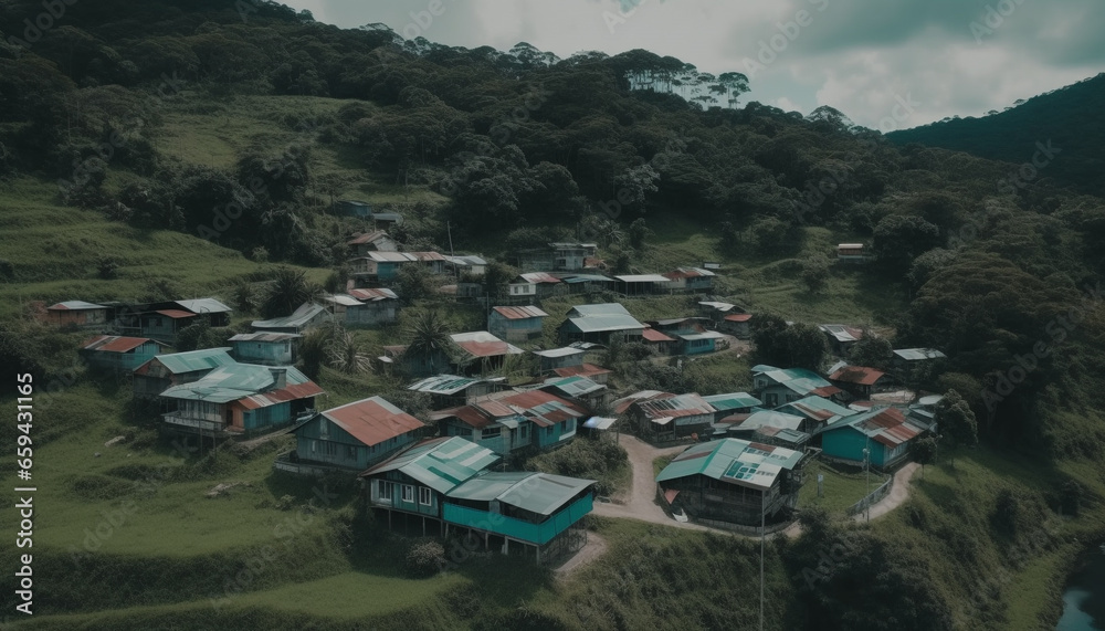 Fototapeta premium High angle view of mountain range, green landscape, rural hut generated by AI