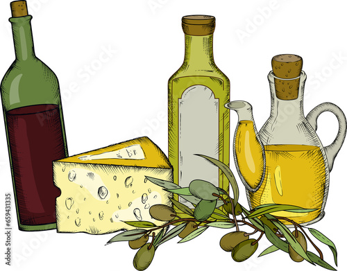 Cheese, olive oil in bottles and olives, hand drawn  illustration. Decorative vintage sketch style composition for mediterranean, italian or greece food and olive cooking oil packs.