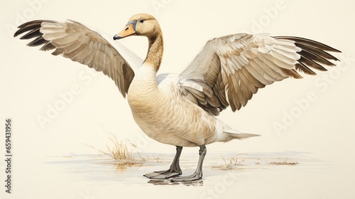  a white goose with its wings spread out standing in a field.  generative ai