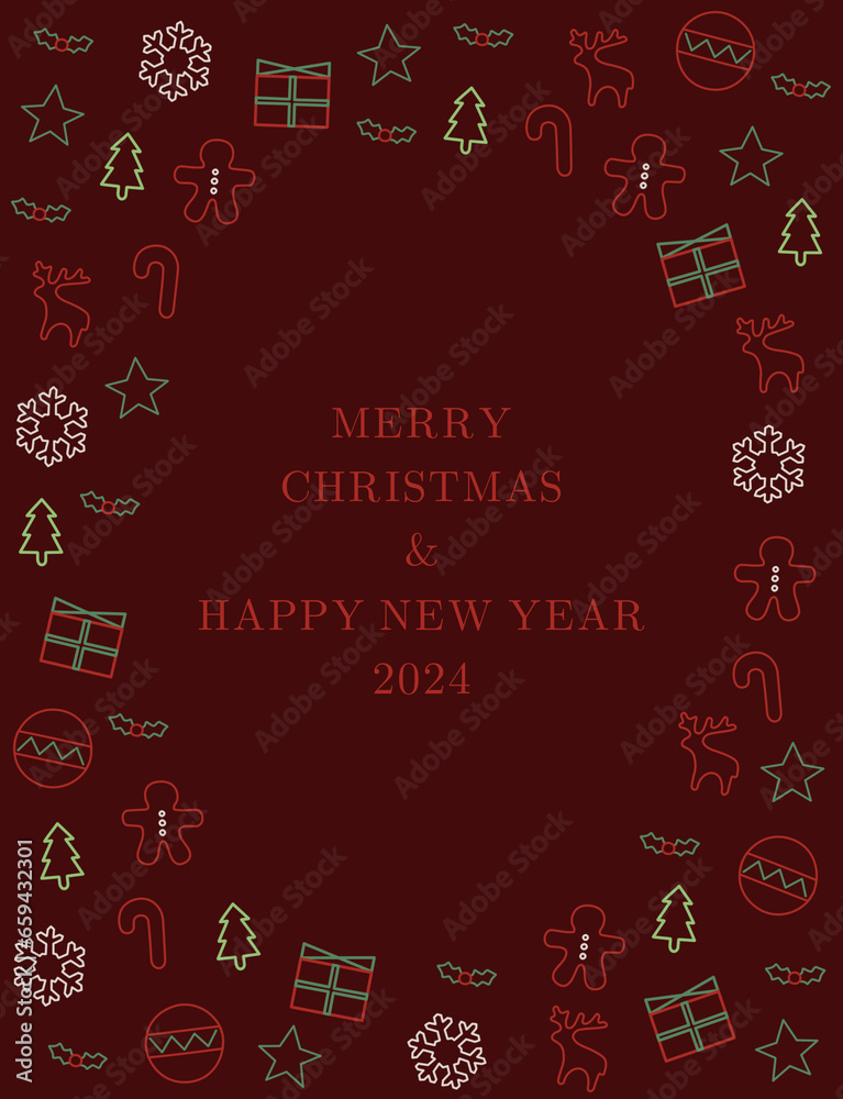 Red and green Christmas and new year greeting card with Christmas outline pattern in red background. Vertical round. Red and green Christmas and new year greeting card with Christmas outline pattern in red background. Vertical round.