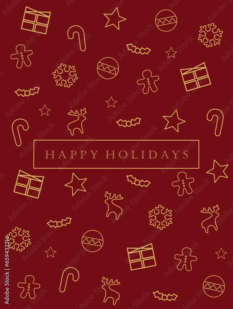 Cute happy holiday flat design pattern in red background with golden Christmas ornaments reindeers, stars, gingerbread man, gifts, holly simplicity style. Cute happy holiday flat design pattern in red background with golden Christmas ornaments reindeers, stars, gingerbread man, gifts, holly simplicity style.