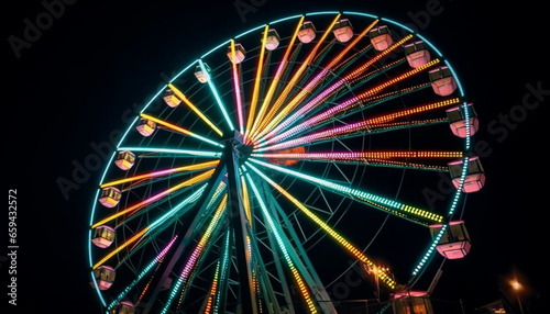 Spinning wheel of vibrant carnival excitement glows neon generated by AI