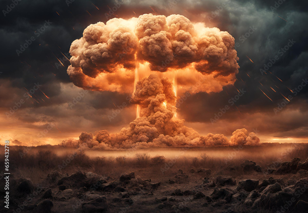 Obraz premium Nuclear bomb explosion during world war, Nuclear explosion, Big nuclear explosion with a mushroom cloud and fire in the dark