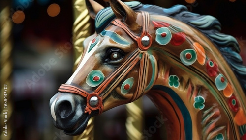 Vibrant carousel horses spinning in illuminated circle generated by AI