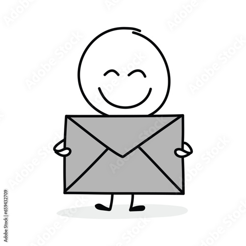 Hand drawn letter symbol. Funny concept with a stickman holding icon. Cartoon style design. Vector illustration