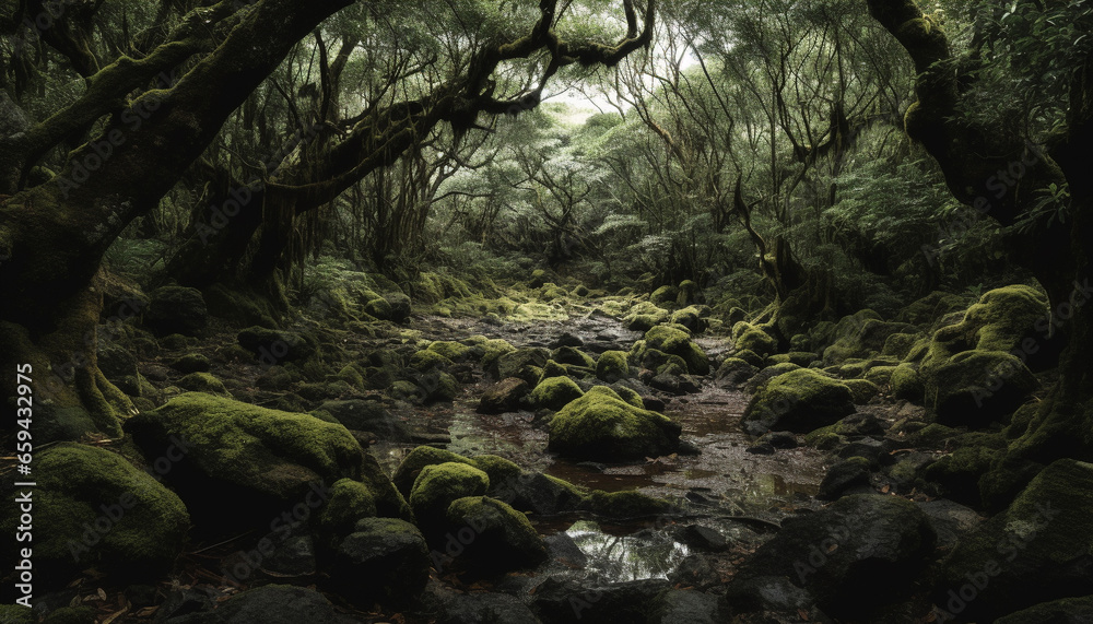 Tranquil scene of ancient forest, wet with mystery and beauty generated by AI