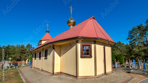 General view and architectural details in close-up of the Orthodox Church of St. Luke the Apostle and Evangelist, built in 1944, in the town of Tyniewicze Duże in Podlasie, Poland.