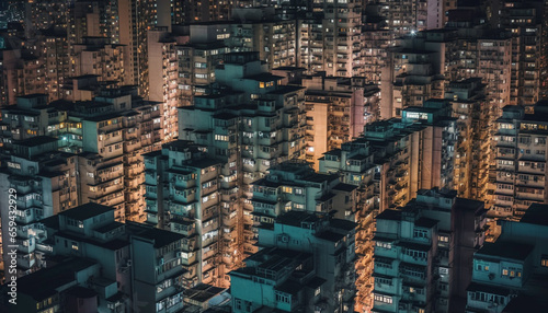 Modern city skyline glows with multi colored skyscrapers at dusk generated by AI