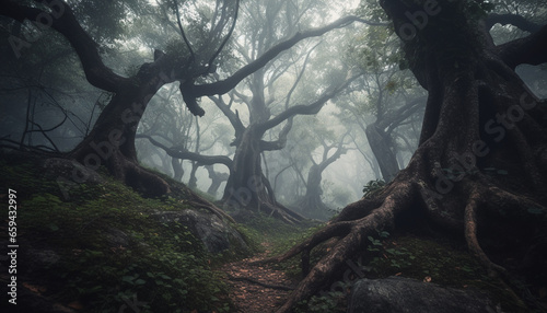 Spooky mystery in dark forest, wet footpath, tranquil scene generated by AI © Stockgiu