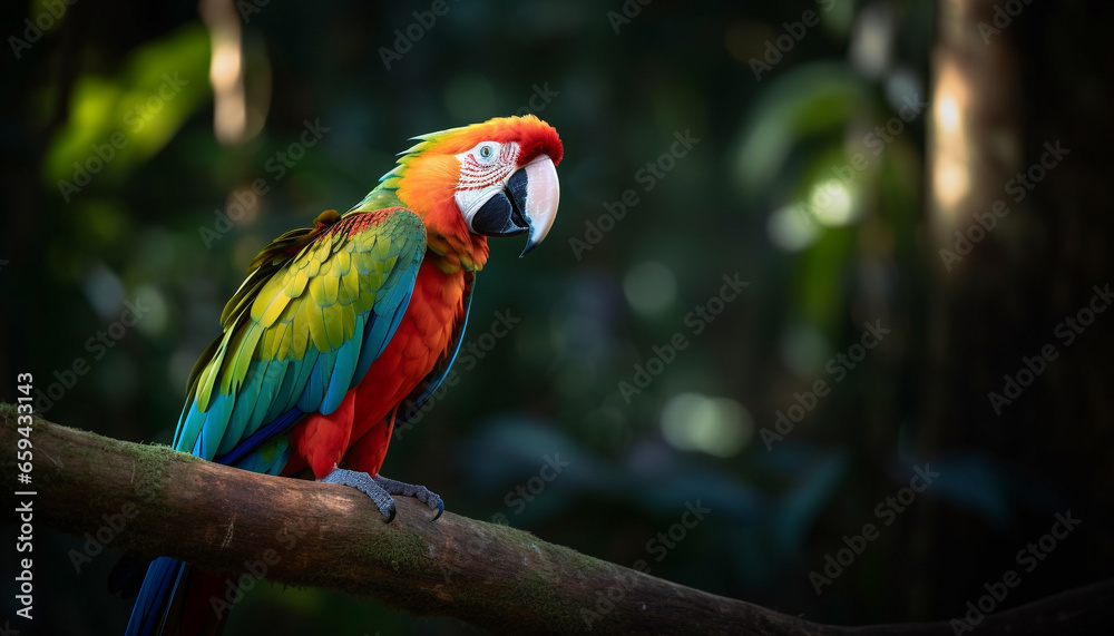 Vibrant macaw perched on branch in rainforest generated by AI