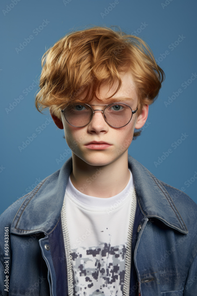 Portrait picture of a young american school boy in a style of a yearbook from 80s or 90s
