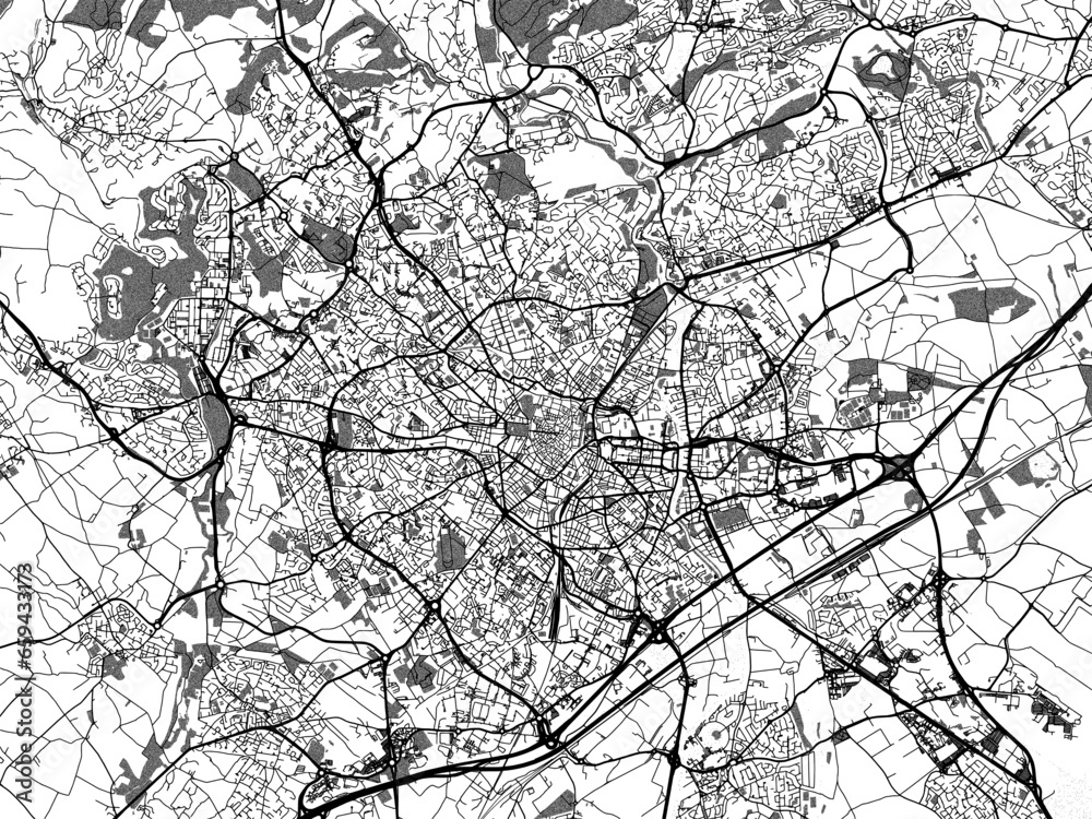 Greyscale vector city map of  Montpellier in France with with water, fields and parks, and roads on a white background.