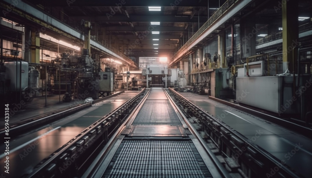Modern metal industry workshop, illuminated with blue lighting generated by AI Modern metal industry workshop, illuminated with blue lighting generated by AI