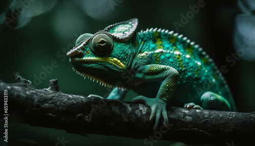 Veiled chameleon perching on green leaf outdoors generated by AI
