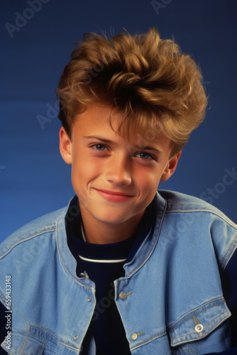 Portrait picture of a young american school boy in a style of a yearbook from 80s or 90s photo