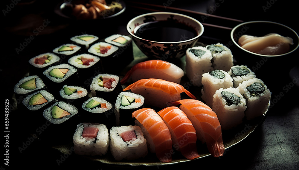 Gourmet seafood meal Maki sushi, nigiri, sashimi, and California roll generated by AI