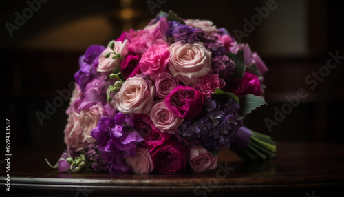 Romantic bouquet of fresh purple flowers in vase generated by AI