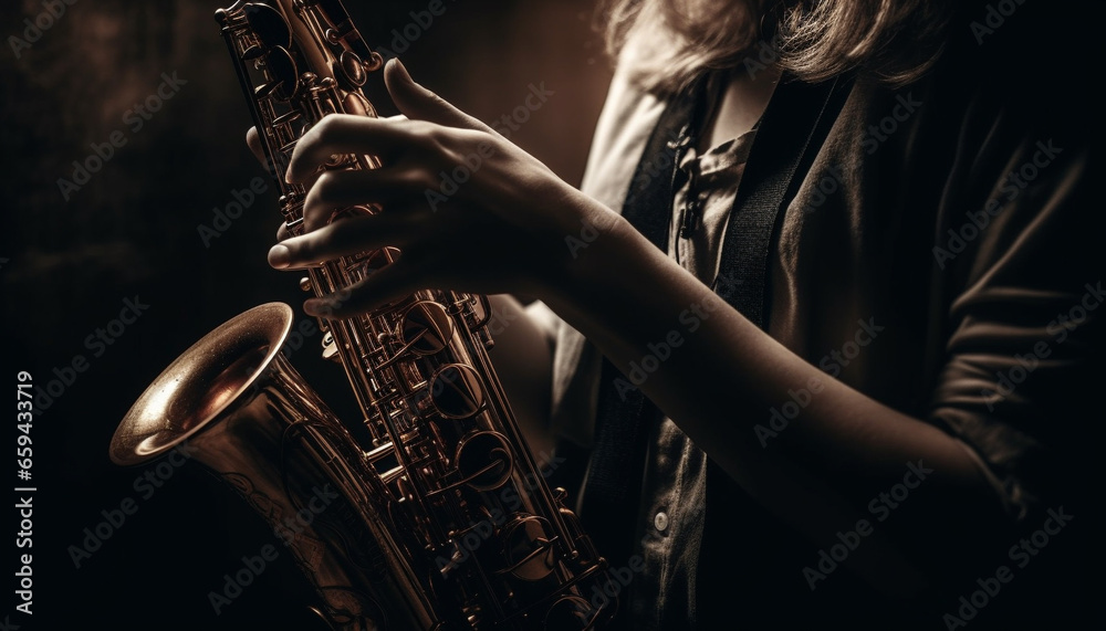 Obraz premium Smooth saxophonist blowing brass, playing rock blues with creative concentration generated by AI