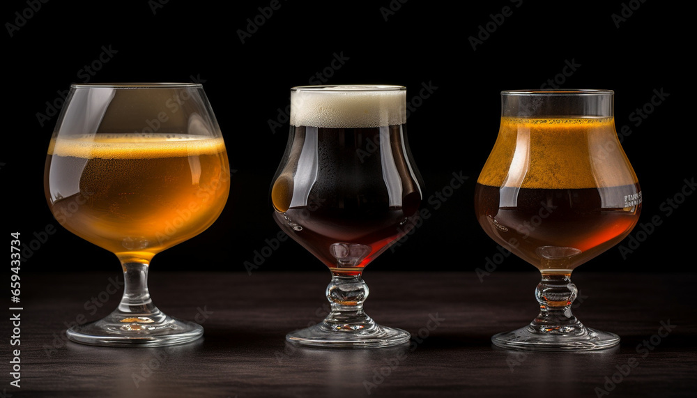 A frothy beer glass on a wooden table at a pub generated by AI A frothy beer glass on a wooden table at a pub generated by AI