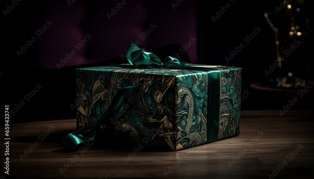 Fototapeta premium Luxury gift box decoration on dark wood table background generated by AI
