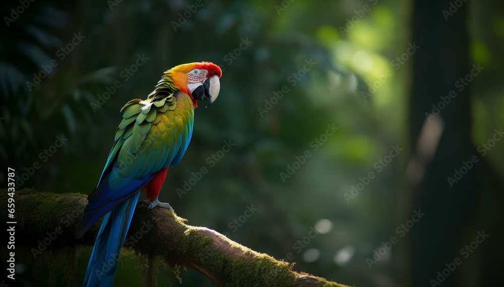 Vibrant macaw perched on green branch outdoors generated by AI