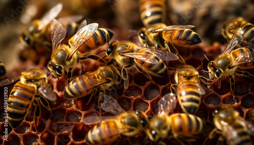 Busy honey bees working in crowded colony generated by AI