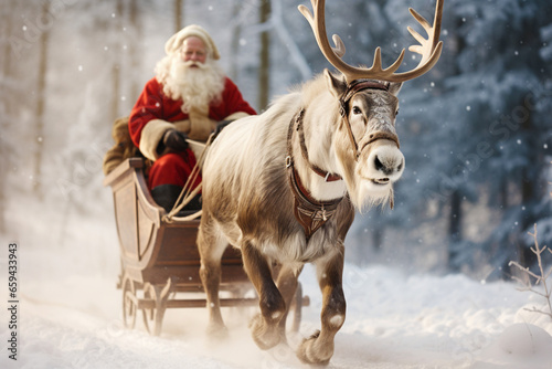 Santa Claus rides a sleigh pulled by a deer through a winter snow-covered forest