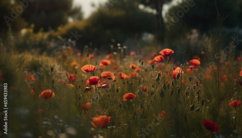 Vibrant wildflowers bloom in tranquil meadow at dawn sunrise generated by AI