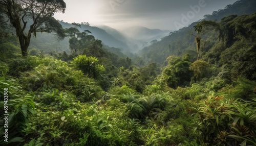 Green mountain range  foggy tropical rainforest adventure generated by AI