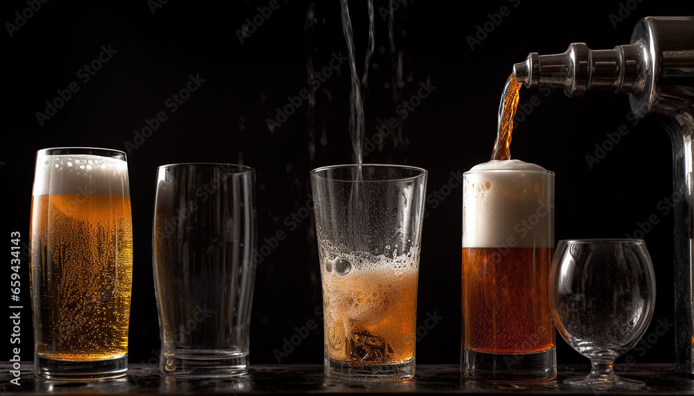 Refreshing liquid pours into beer glass at lively pub celebration generated by AI Refreshing liquid pours into beer glass at lively pub celebration generated by AI